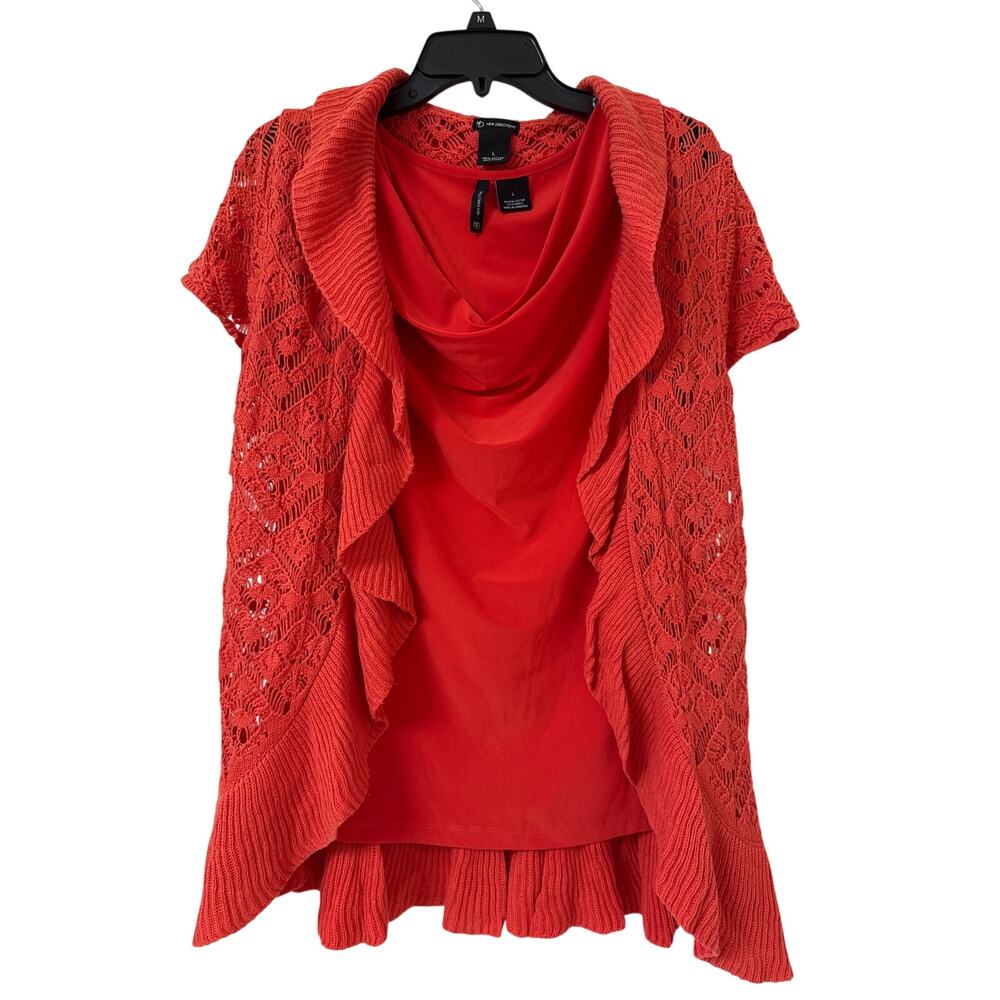 New Directions Large Coral Cowl Neck Sleeveless Top Crochet Short Sleeve Sweater